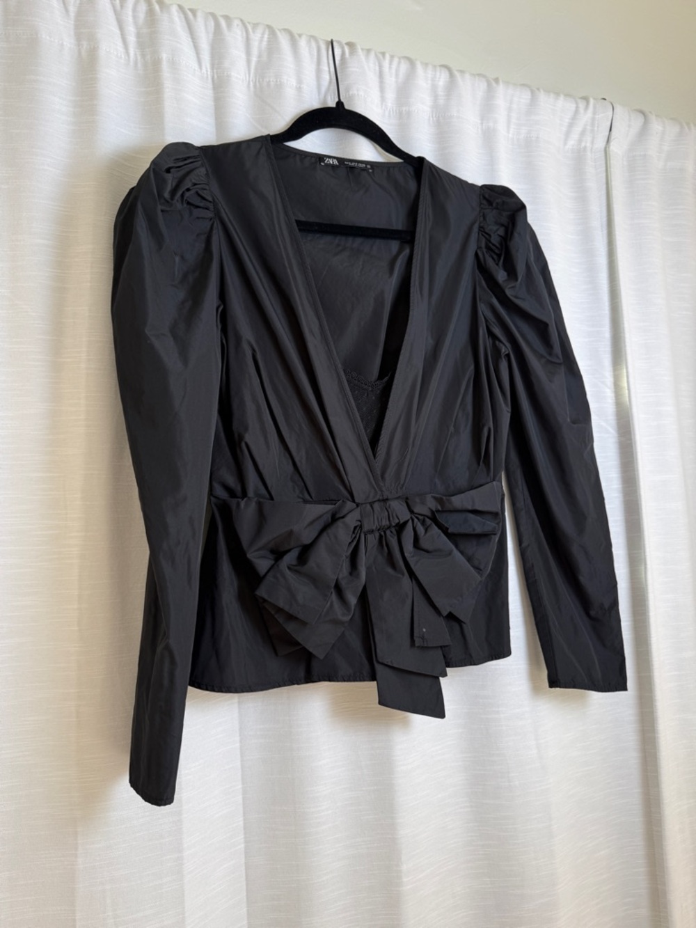 Zara Black Structured Bow Peplum Top Puff Sleeve Deep V Blouse Dressy | Size S - Picture 6 of 11